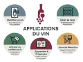 Cinq icônes illustrent les applications du vin : identifier, gérer sa cave, acheter, apprendre et trouver des accords mets-vins.