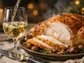Un verre de vin blanc est versé près d'un chapon farci rôti, fumant et garni de marrons. Un repas festif.