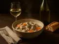 Un plat fumant de blanquette de veau, garni de carottes et champignons, accompagné d'un verre de vin blanc et d'une baguette.