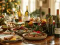 Un menu accord mets et vins festif avec des plats, des bouteilles de vin et des décorations de Noël.