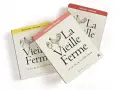 Trois cartons de vin "La Vieille Ferme" (blanc, rosé, rouge) avec des illustrations de poules.