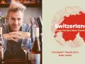Un homme souriant pose devant des bouteilles de vin, à côté d'une carte de la Suisse stylisée, annonçant un guide sur le vin suisse.
