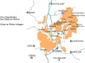 Carte des Côtes du Rhône avec les zones d'appellation et villages.