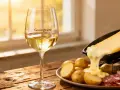 Un verre de Gewurztraminer accompagne une raclette fondante, des pommes de terre et de la charcuterie sur une table en bois.