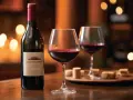 Une bouteille et deux verres de vin rouge, un gamay vin, sur un bar. Des bouchons de liège sont disposés sur un plateau.