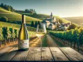 Bouteille et verre de Sancerre blanc sur une table en bois, avec des vignobles verdoyants et un village en arrière-plan. Le cepage Sancerre blanc est à l'honneur.