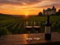 Deux verres de vin rouge bordeaux connu et une bouteille sur une table en bois, avec un vignoble et un château au coucher du soleil.