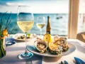 Un verre de vin blanc frais, prêt à accompagner un plateau de fruits de mer face à la mer. Le choix parfait pour savourer la fraîcheur de l'océan.
