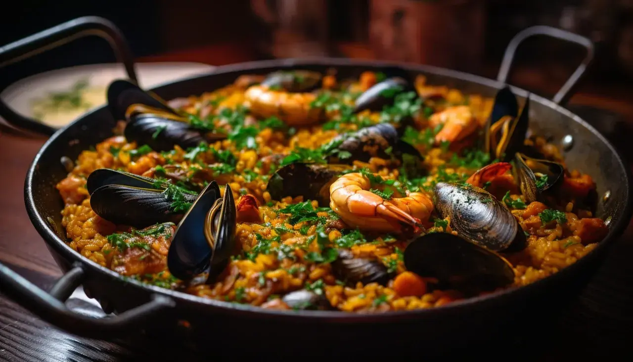 Paella au poulet et fruits de mer, garnie de persil frais. Quel vin rouge avec paella poulet fruits mer ? Un plat savoureux.