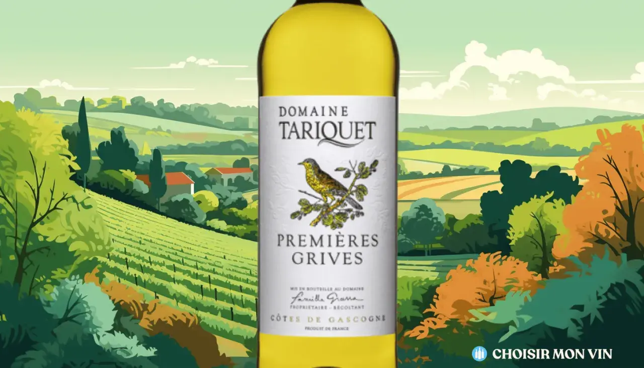 Bouteille de vin blanc "Premières Grives" du Domaine Tariquet, Côtes de Gascogne. Idéal pour une vente à la propriété.