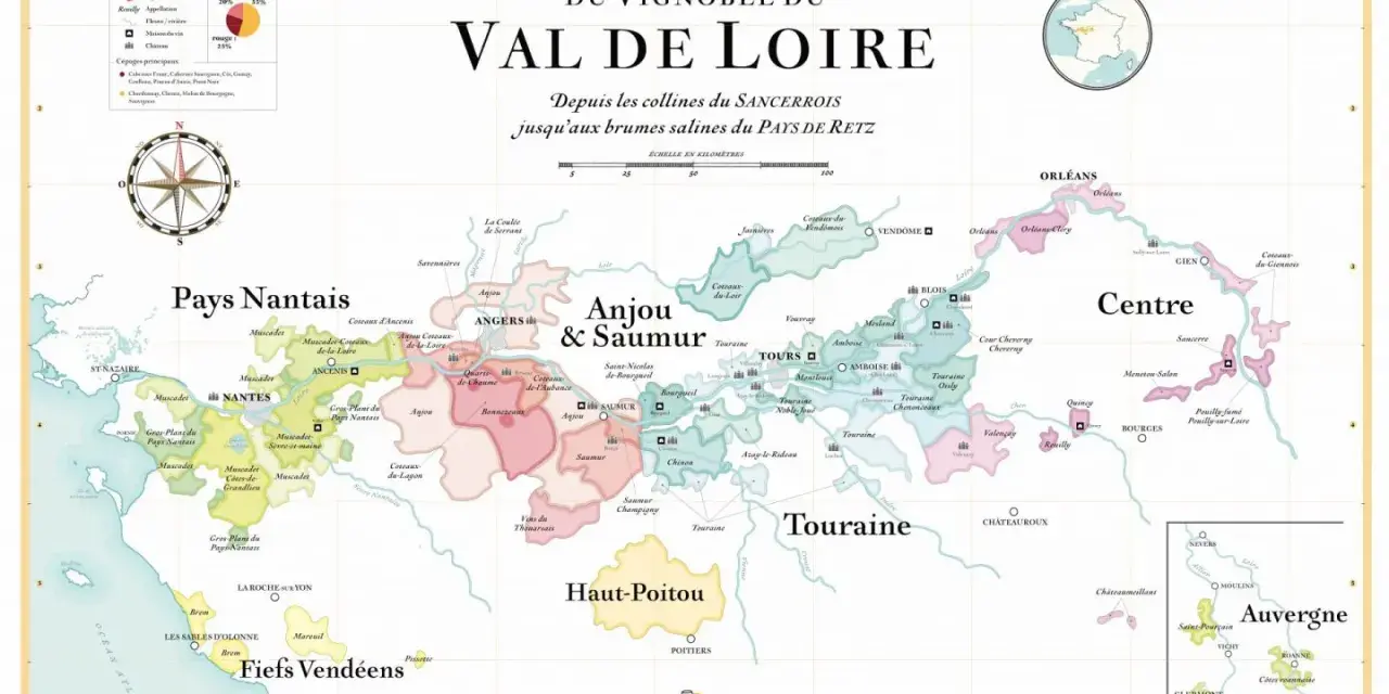 Carte des vins du Val de Loire : découvrez les régions viticoles, des Pays Nantais à l'Auvergne, et trouvez le meilleur vin de Loire rouge.