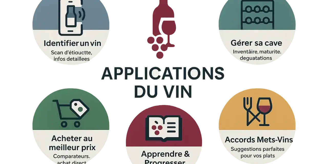 Cinq icônes illustrent les applications du vin : identifier, gérer sa cave, acheter, apprendre et trouver des accords mets-vins.