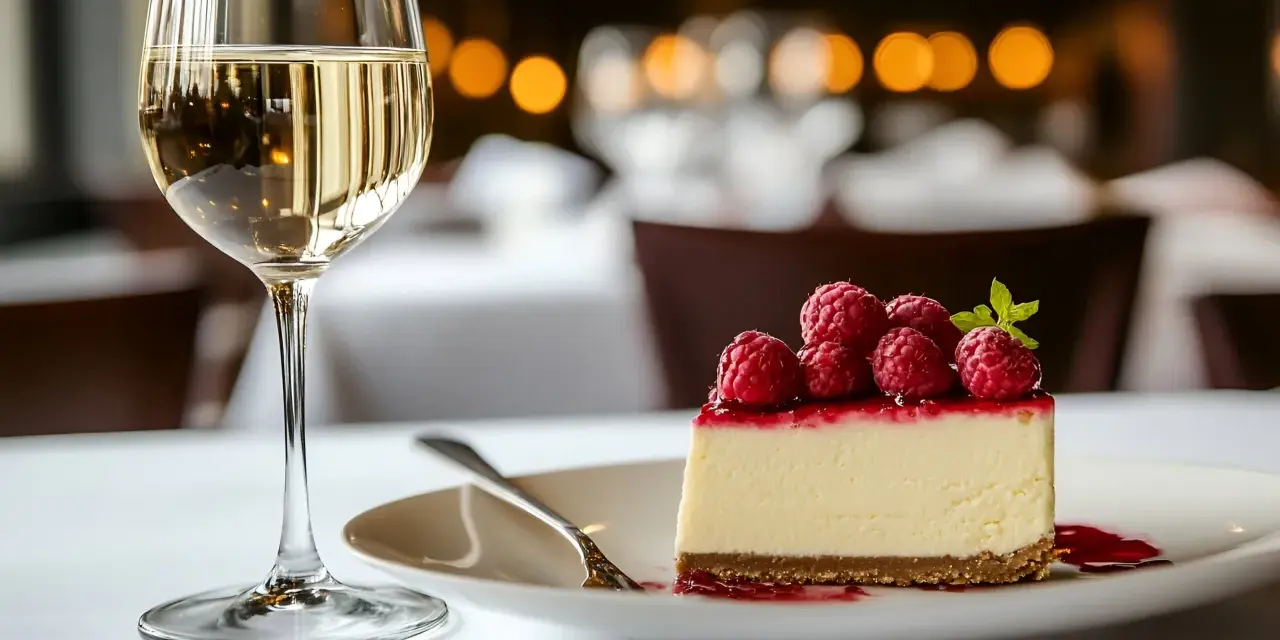 Un verre de vin blanc, une boisson parfaite pour accompagner ce délicieux cheesecake aux framboises.
