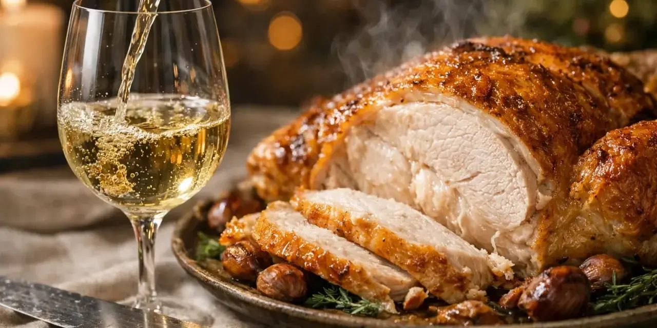 Un verre de vin blanc est versé près d'un chapon farci rôti, fumant et garni de marrons. Un repas festif.
