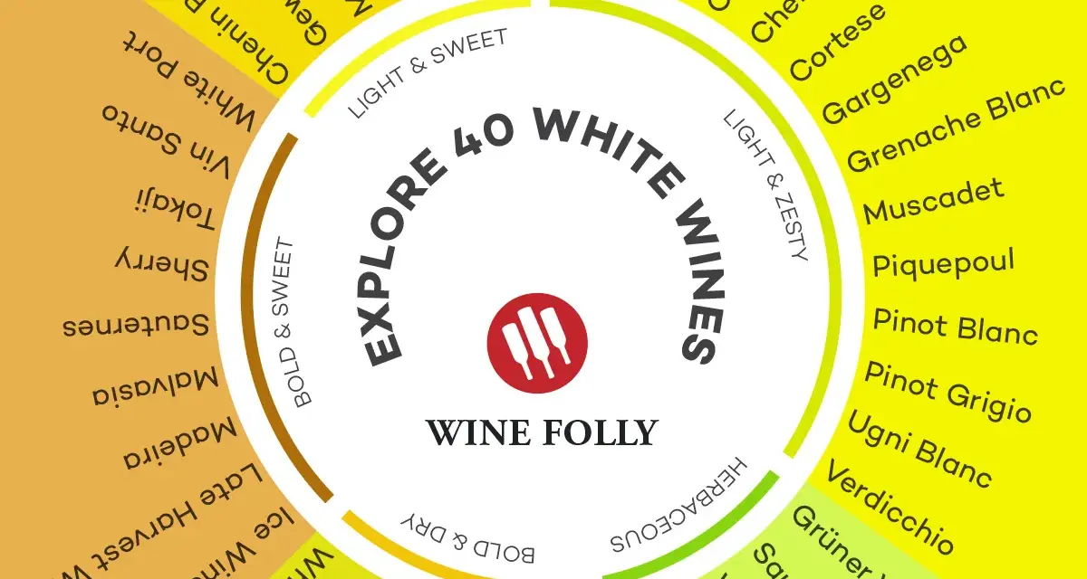Roue des vins blancs : explorez 40 variétés, du vin blanc minéral comme le Muscadet au doux Tokaji.