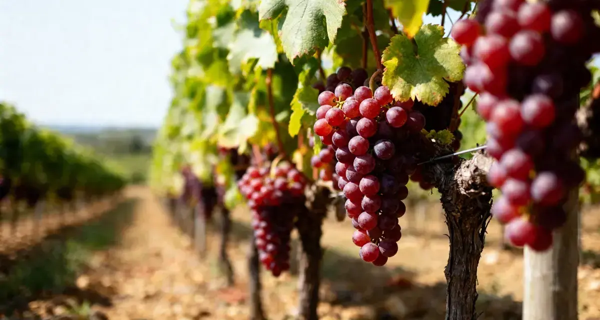 Grappes de raisin rouge mûrissant sous le soleil, prêtes à être récoltées pour le vin du **Château Montus**.
