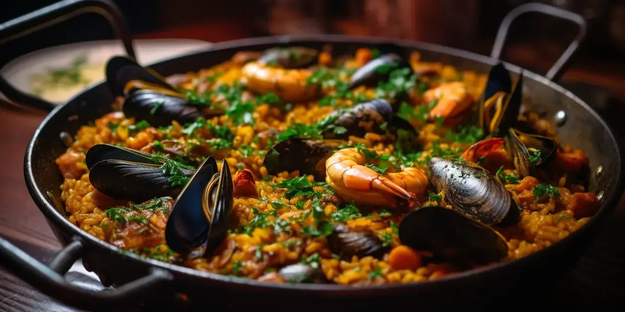 Paella au poulet et fruits de mer, garnie de persil frais. Quel vin rouge avec paella poulet fruits mer ? Un plat savoureux.