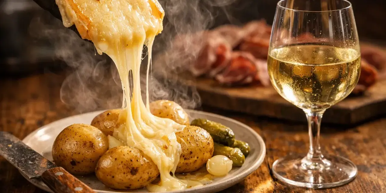 Raclette fondant sur des pommes de terre, avec cornichons et un verre de vin blanc pétillant. Parfait pour savoir quel est le meilleur crémant.