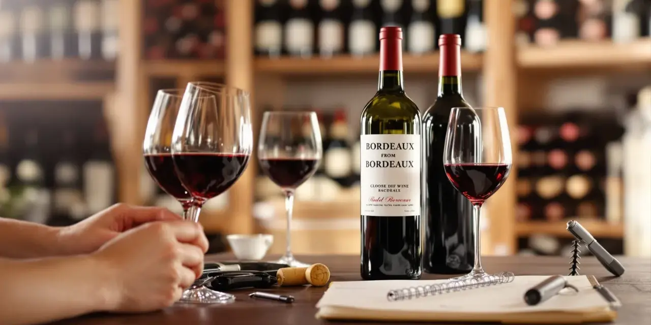 Dégustation de ce meilleur vin rouge bordeaux, avec des verres remplis et des bouteilles sur une table en bois, dans une cave à vin.
