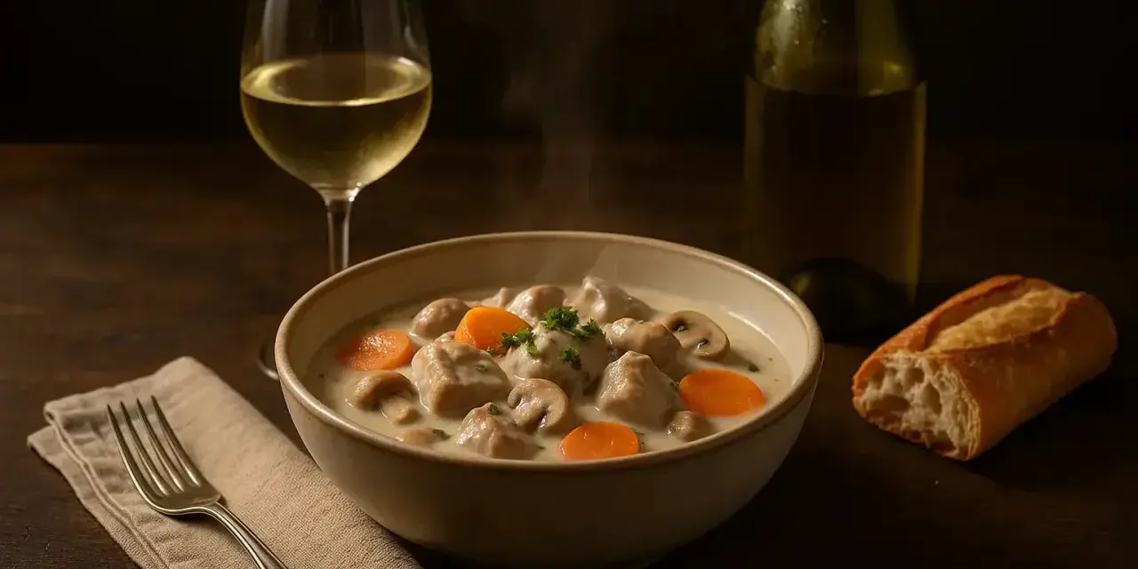Un plat fumant de blanquette de veau, garni de carottes et champignons, accompagné d'un verre de vin blanc et d'une baguette.