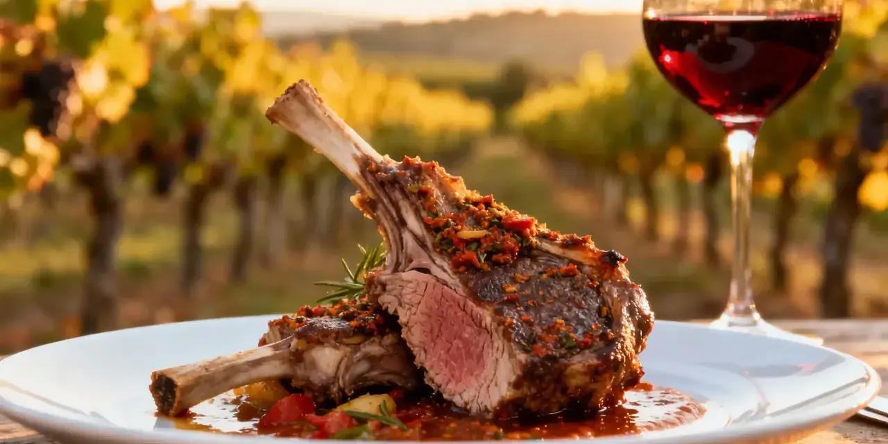 Un plat d'agneau rôti avec une sauce savoureuse, accompagné d'un verre de vin rouge, dans un décor de vignoble. Idéal pour savoir quel vin avec agneau.
