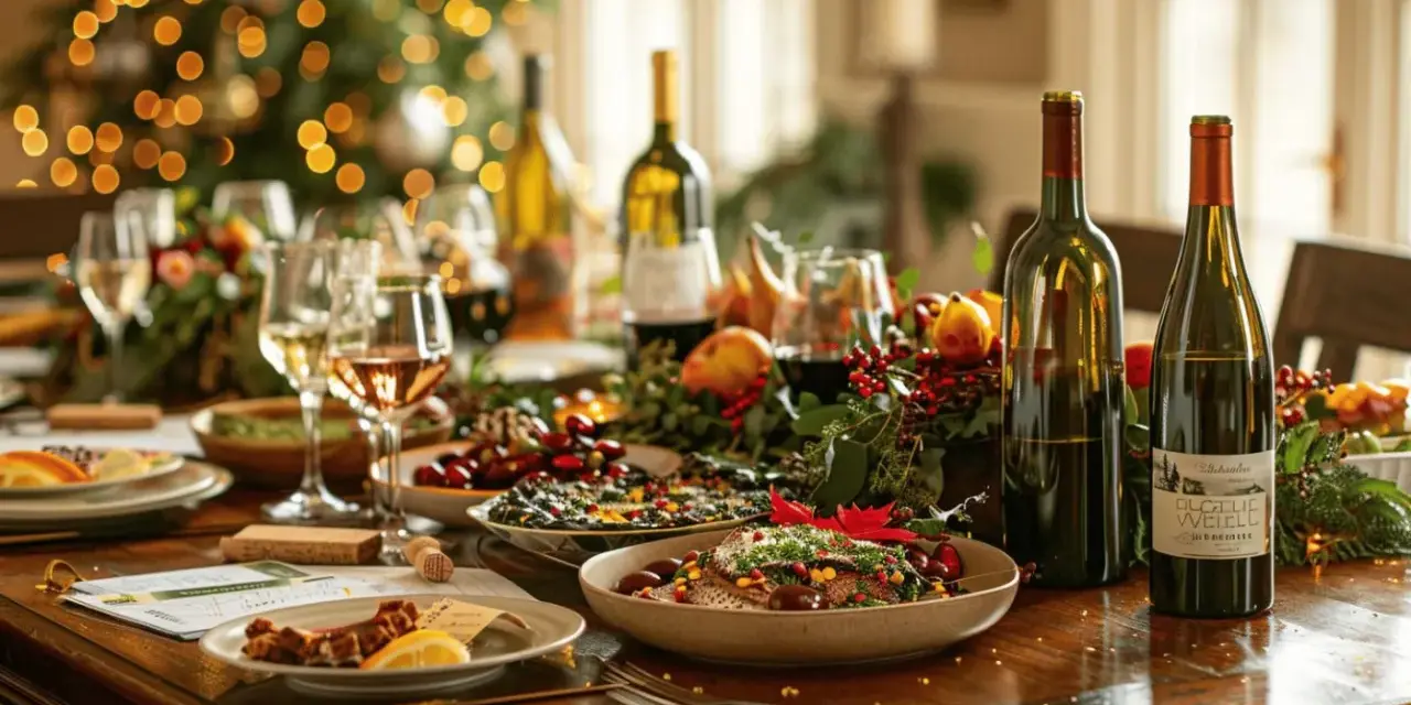 Un menu accord mets et vins festif avec des plats, des bouteilles de vin et des décorations de Noël.