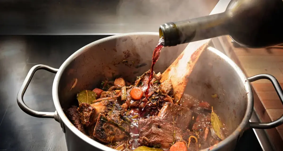 Un vin rouge est versé dans un plat mijoté de bœuf, carottes et herbes. Quel vin bourguignon sublimera ce plat ?