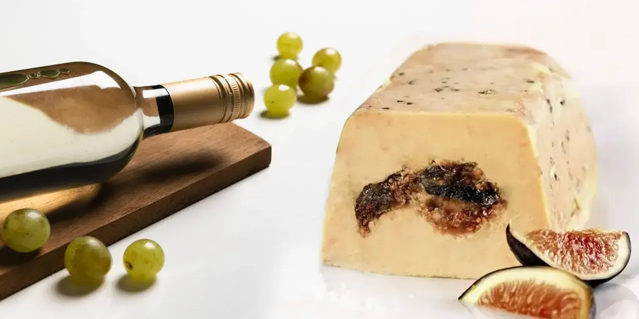 Une bouteille de vin blanc, des raisins et des figues accompagnent ce foie gras. La question est : que boire avec du foie gras ?