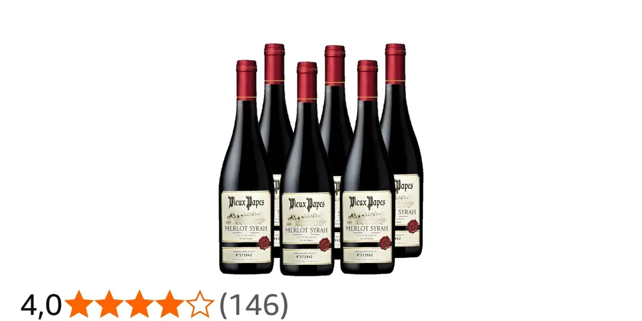 Six bouteilles de vin rouge Vieux Papes Merlot Syrah, avec une note de 4/5. Un avis sur ce vin vieux pape est très positif.