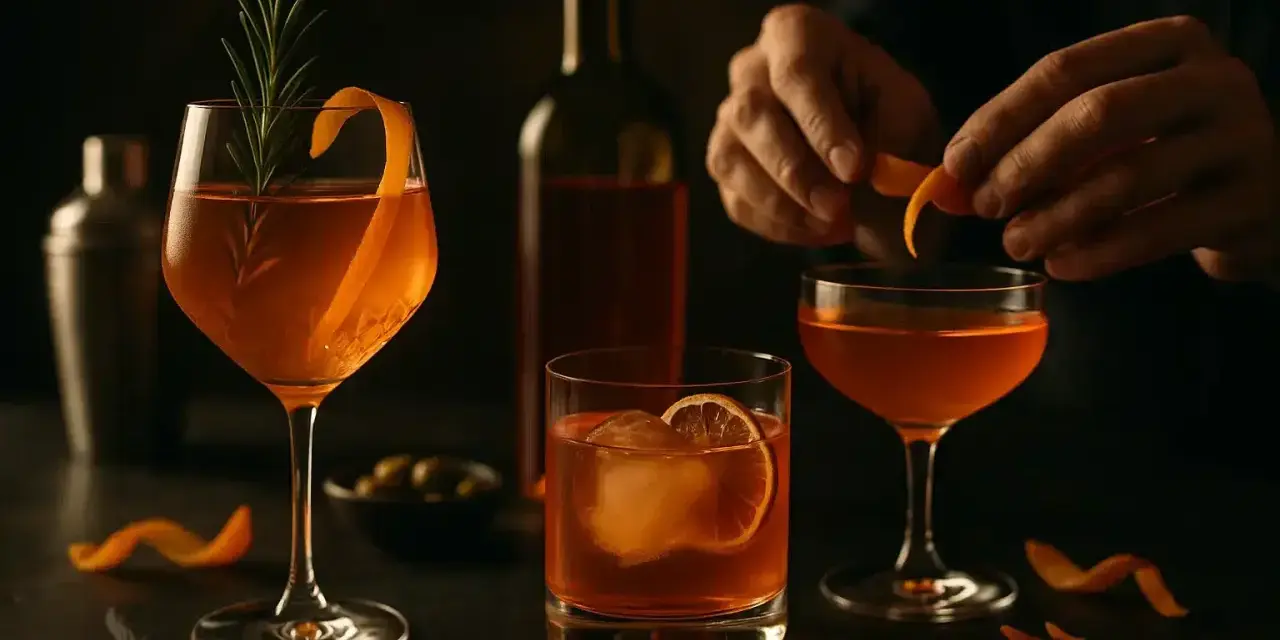Trois cocktails ambrés, dont un avec une écorce d'orange et du romarin. Un barman prépare un autre verre avec du vin d'orange avec peau.