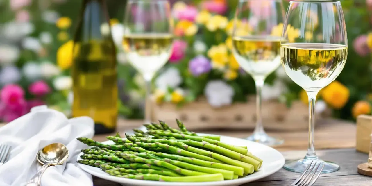 Un plateau d'asperges vertes fraîches, une bouteille de vin blanc et deux verres remplis de vin, parfaits pour savoir quel vin avec asperges.