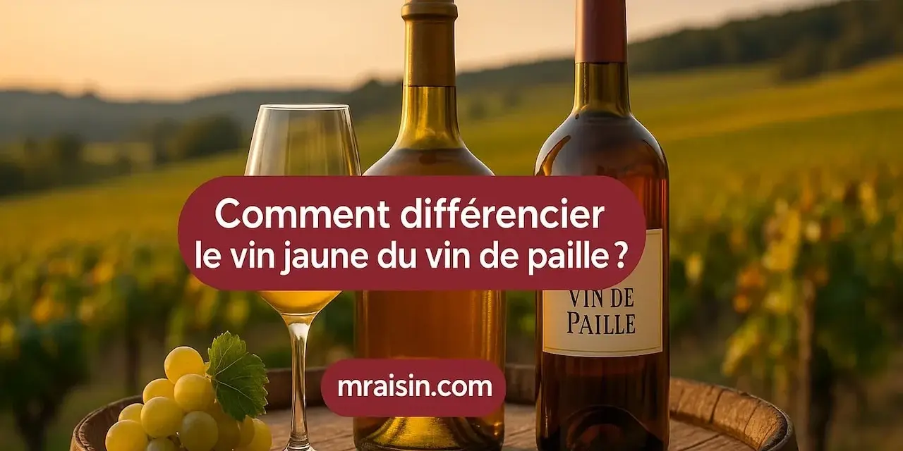 Bouteilles de vin, verre et grappe de raisin sur un tonneau, avec un vignoble en arrière-plan. Le texte demande "Comment différencier le vin jaune du vin de paille ?".