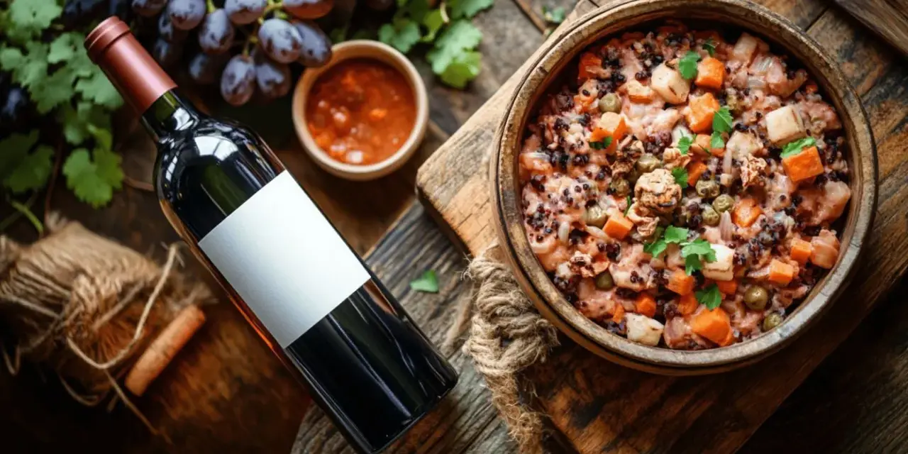 Un plat de céréales et légumes, accompagné d'une sauce, de raisins et d'une bouteille de vin rouge.
