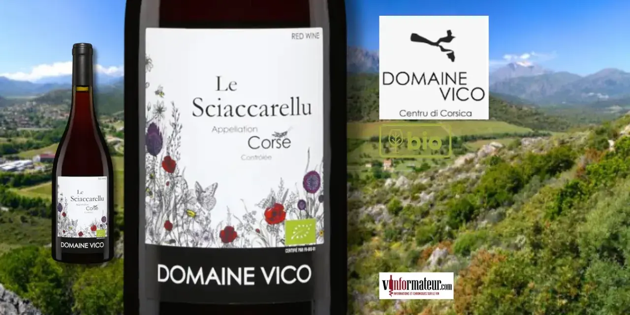 Bouteille de vin rouge "Le Sciaccarellu" du Domaine Vico, un cépage corse rouge, sur fond de paysage montagneux.