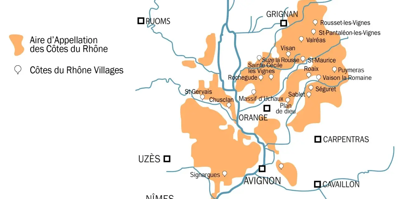 Carte des Côtes du Rhône avec les zones d'appellation et villages.