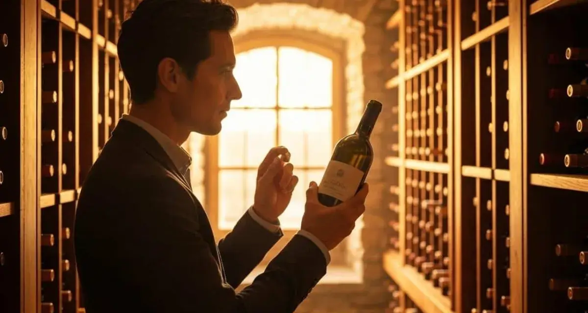 Un homme examine une bouteille de cava alcool dans une cave à vin éclairée par la lumière du jour filtrant par une fenêtre.