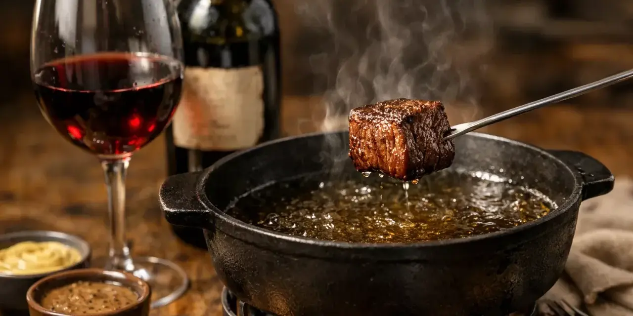 Un morceau de bœuf est plongé dans une fondue fumante, accompagné d'un verre de vin rouge.