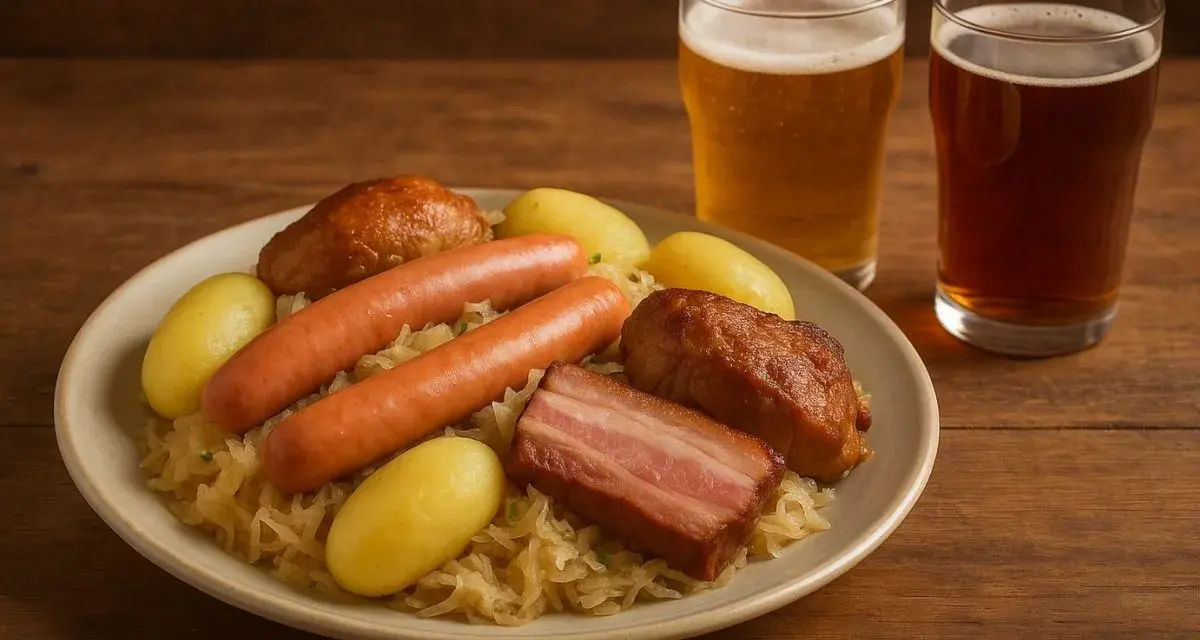 Assiette de choucroute garnie avec saucisses, lard, pommes de terre et deux verres de bière. Un repas copieux, parfait avec une bière ou un vin blanc.