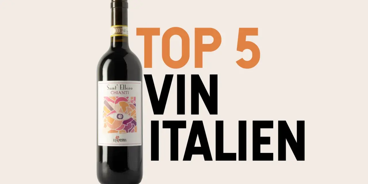 Bouteille de vin rouge Sant'Ellero Chianti, texte "TOP 5 VIN ITALIEN" suggérant le meilleur vin italien.