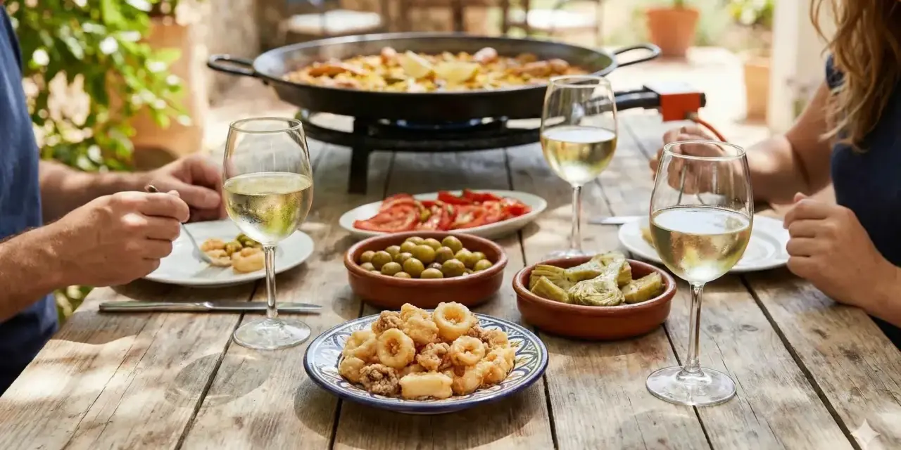 Un repas ensoleillé avec une paella fumante, des calamars frits, des olives, des cœurs d'artichauts, des tomates et un verre de vin blanc.