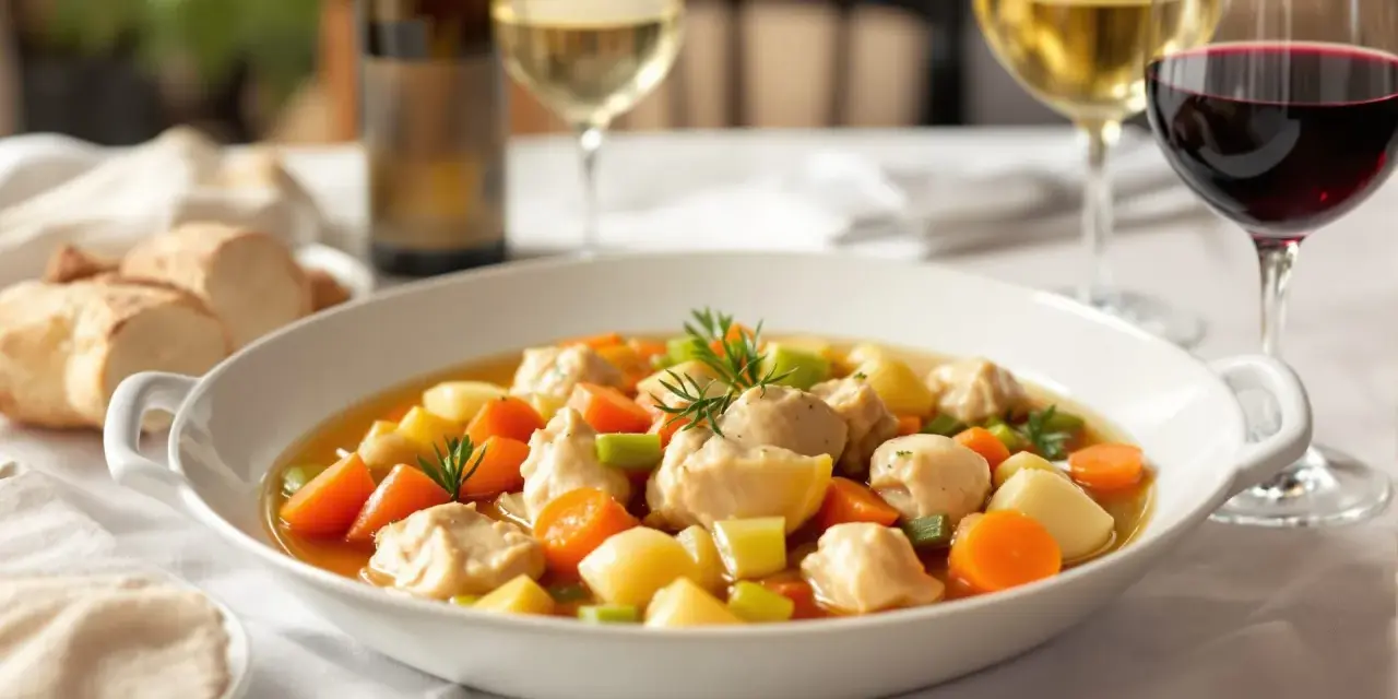 Un plat de poule au pot réconfortant, servi avec du pain et un verre de vin.