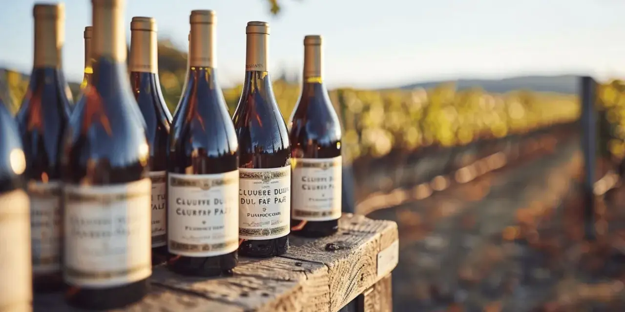 Bouteilles de Châteauneuf-du-Pape sur une table en bois, avec un vignoble en arrière-plan.