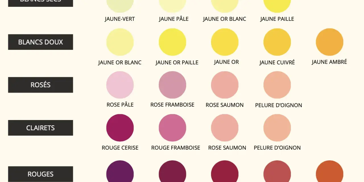 Tableau comparatif des nuances de couleur vin, du jaune-vert au rouge ambré, classées par type de vin : blancs secs, doux, rosés, clarets et rouges.