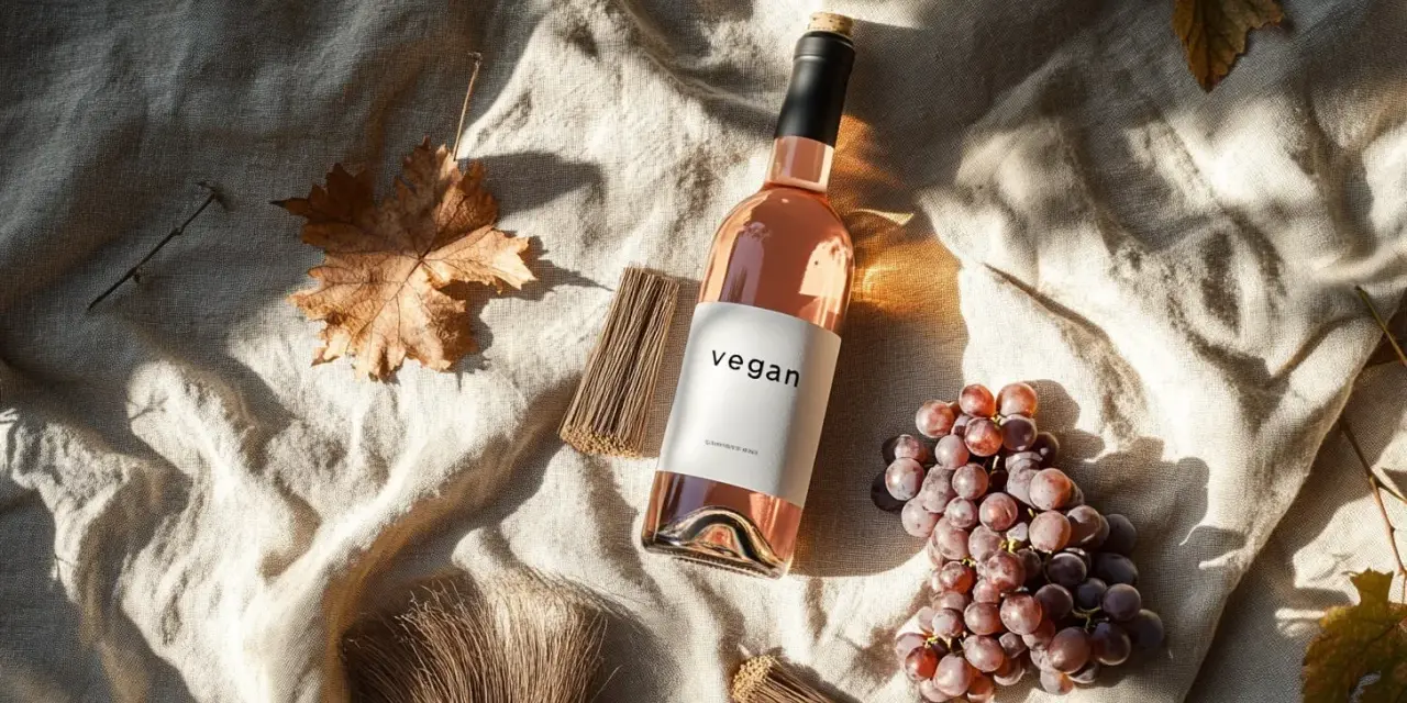 Bouteille de vin vegan rosé, posée sur un tissu beige, avec des grappes de raisin et des feuilles d'automne.