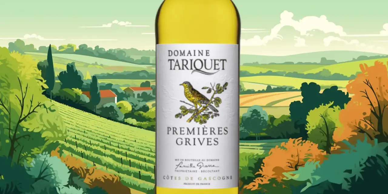 Bouteille de vin blanc "Premières Grives" du Domaine Tariquet, Côtes de Gascogne. Idéal pour une vente à la propriété.