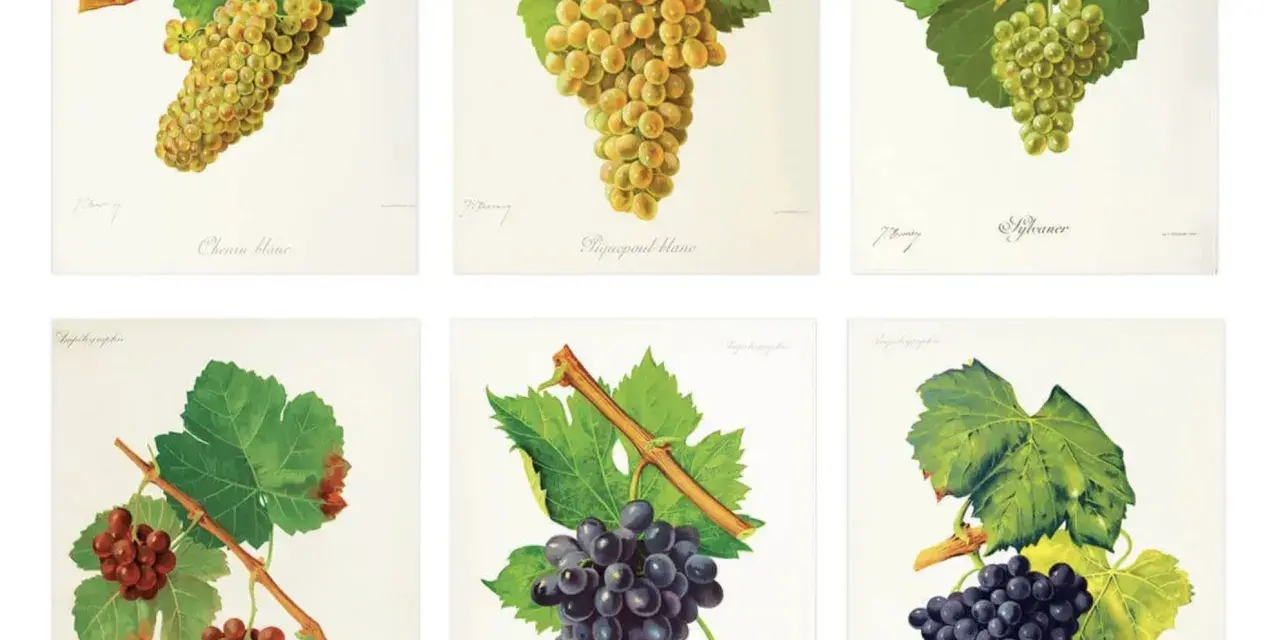 Six illustrations de grappes de raisins, dont le cépage Bourgogne, sur fond blanc.