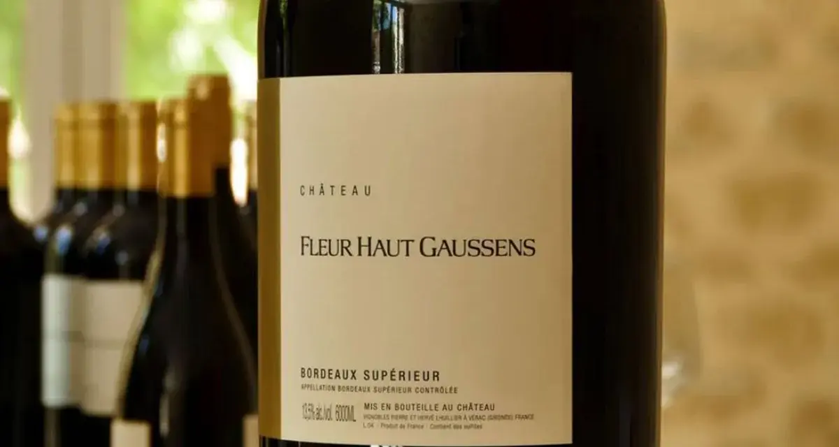 Bouteille de vin rouge Château Fleur Haut Gaussens, Bordeaux Supérieur, avec d'autres bouteilles en arrière-plan.