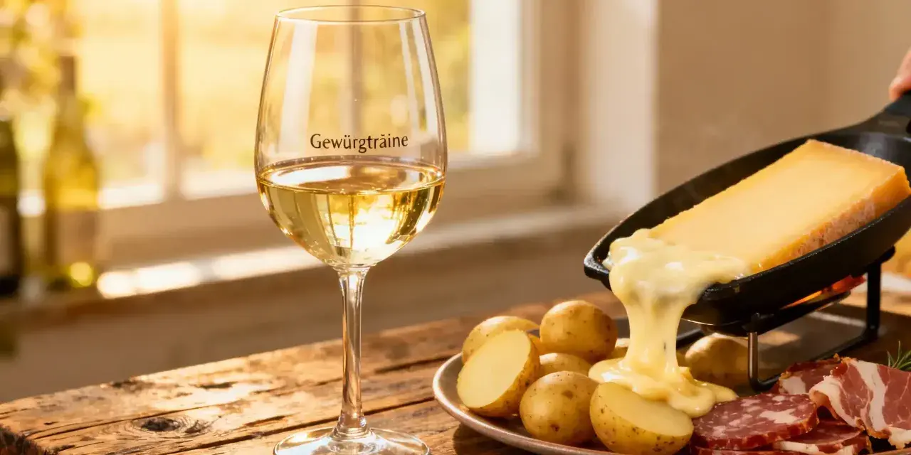 Un verre de Gewurztraminer accompagne une raclette fondante, des pommes de terre et de la charcuterie sur une table en bois.