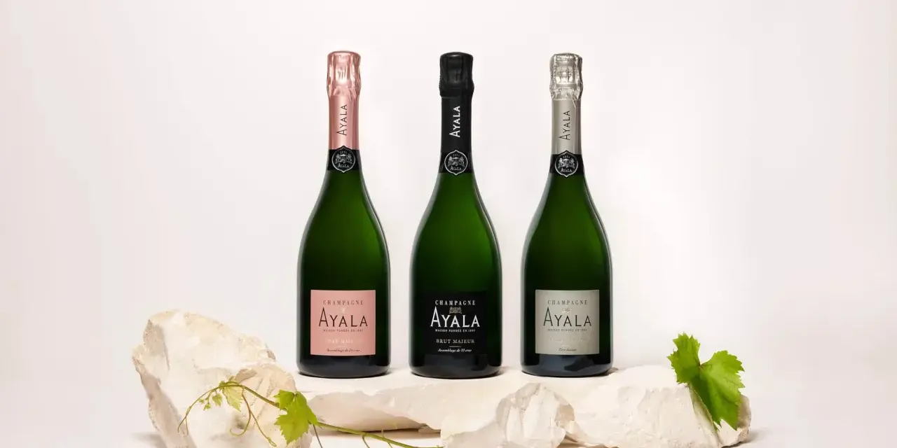 Trois bouteilles de champagne Ayala, dont une rosé, présentées sur des pierres. Avis sur le champagne Ayala.