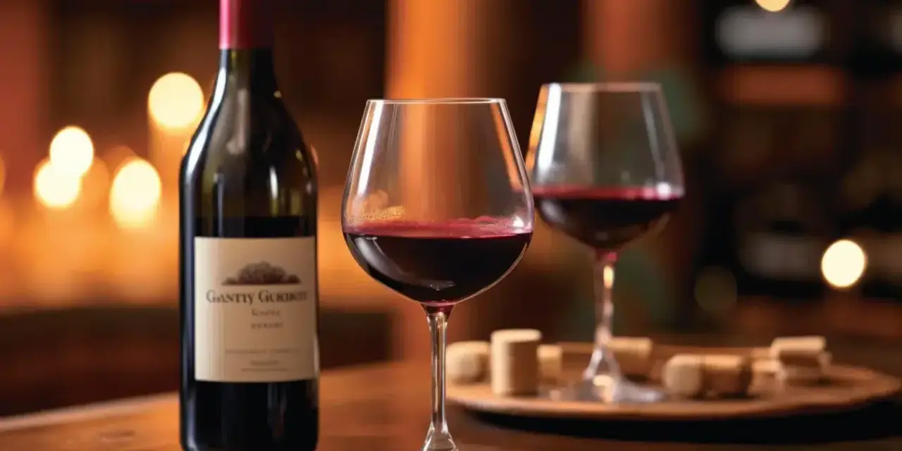 Une bouteille et deux verres de vin rouge, un gamay vin, sur un bar. Des bouchons de liège sont disposés sur un plateau.